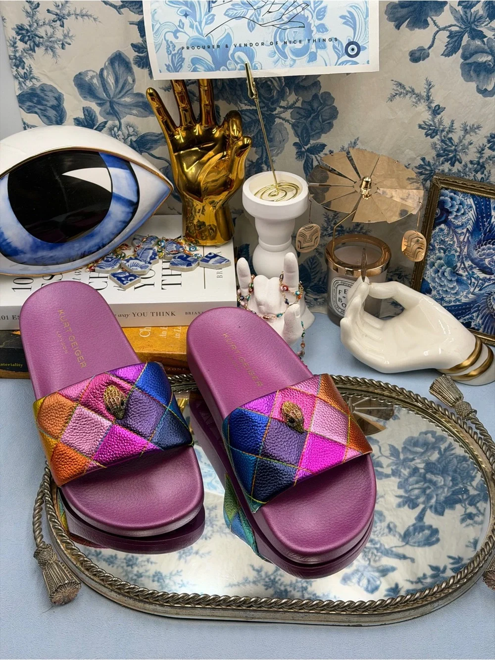 🆕 KURT GEIGER LONDON 🧿 NWOT Meena Eagle Metallic Diamond Slide, Sz 36.5 US 6.5
